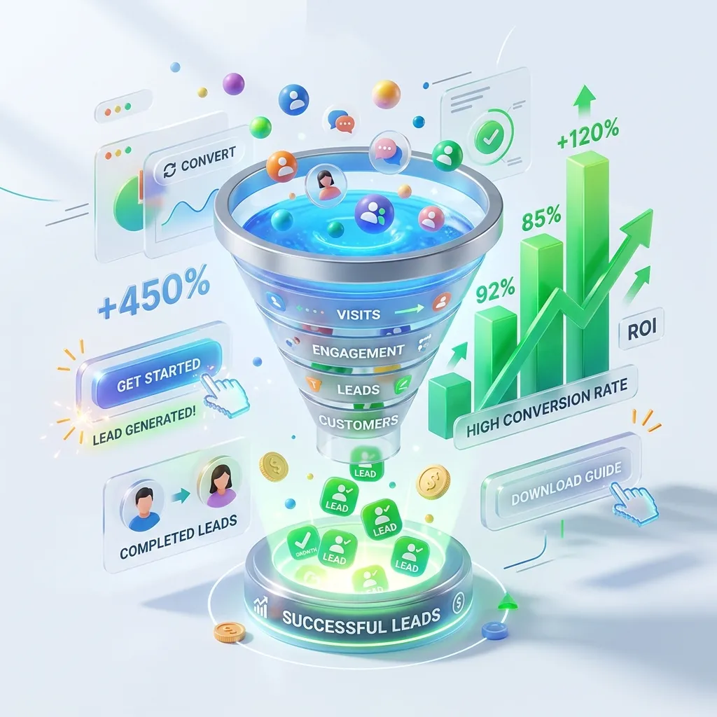 Dynamic 3D illustration of an upward trending chart and UI buttons representing website conversions