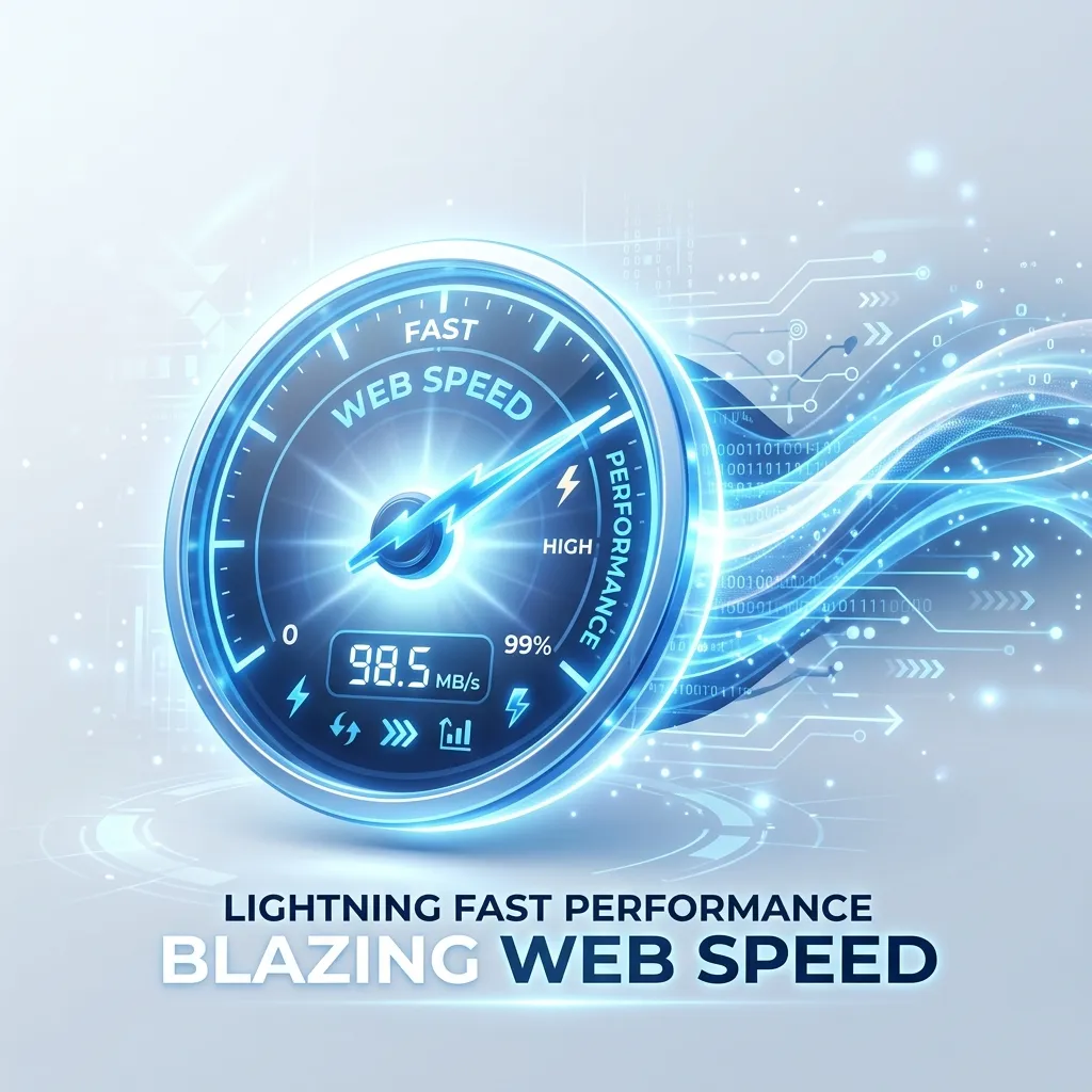 Sleek glowing speedometer representing lightning fast website speed and performance