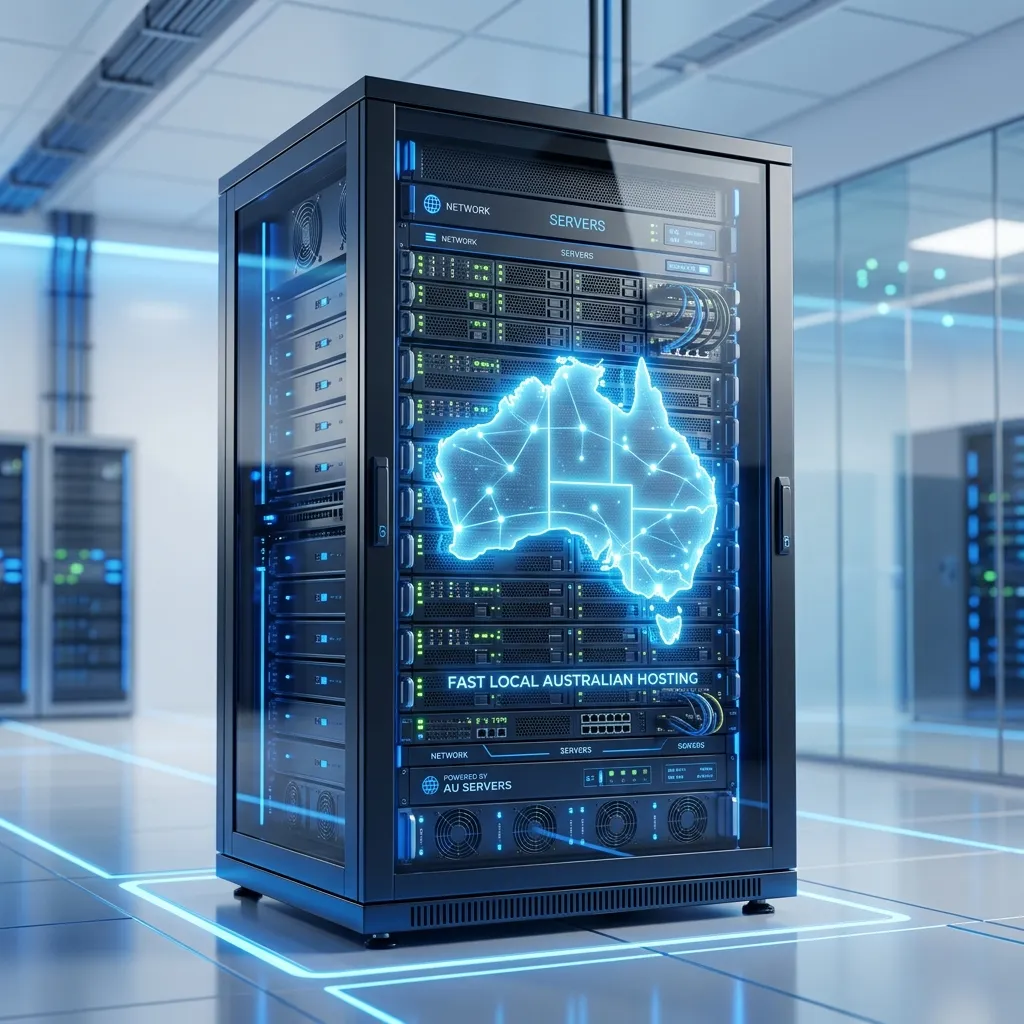 Premium 3D illustration of a server rack with a glowing map of Australia
