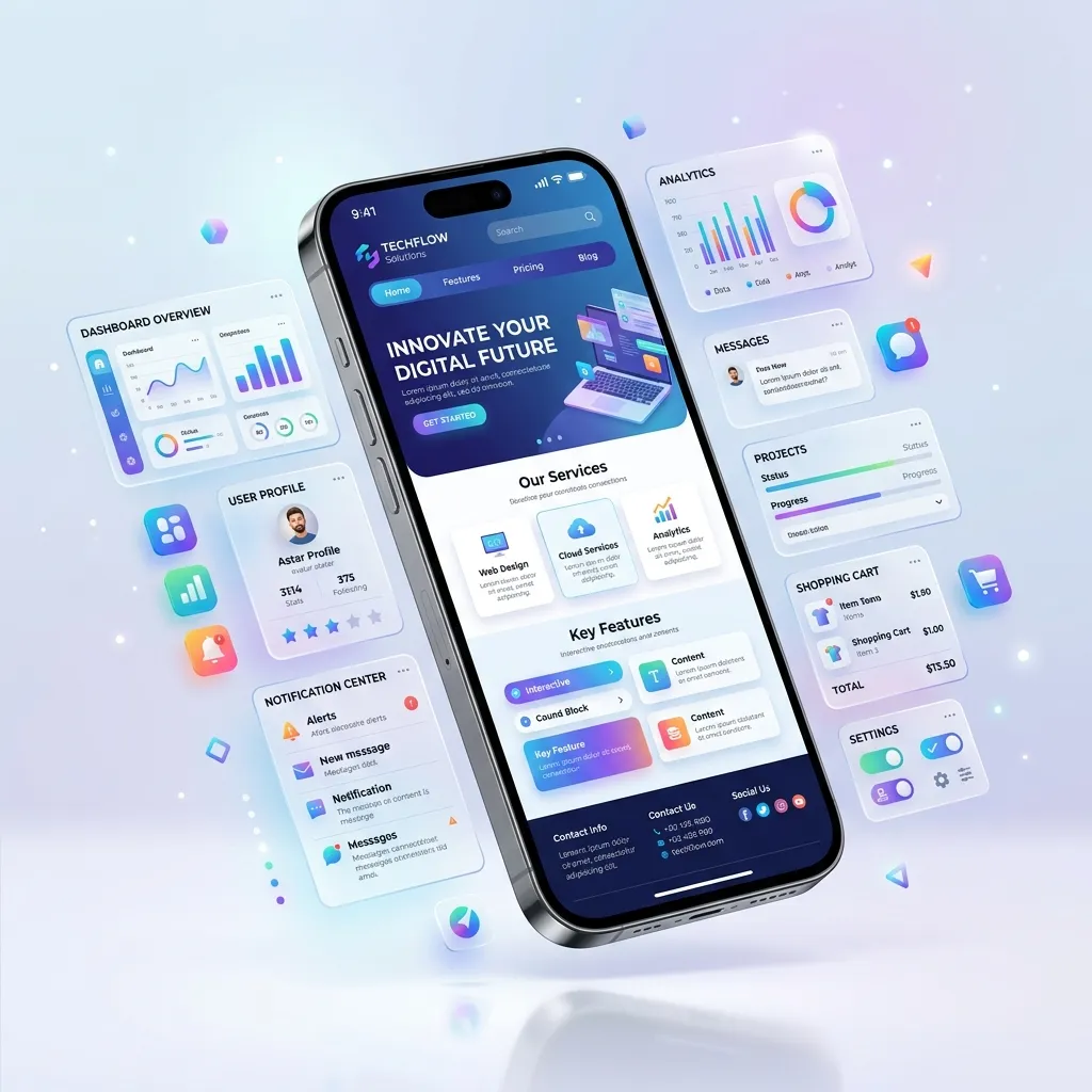 Sleek mobile smartphone displaying a responsive website design with floating UI elements