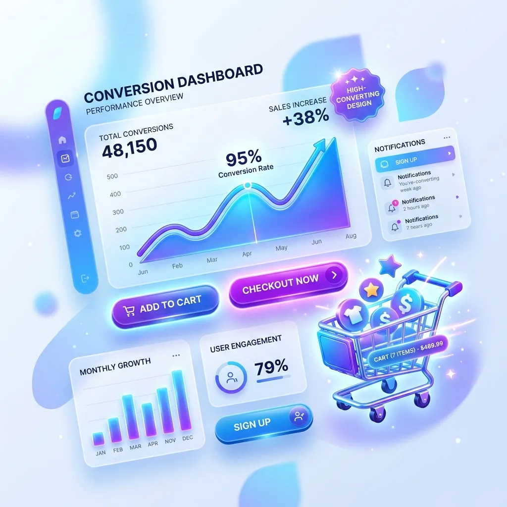 Sleek 3D illustration of modern UI elements representing high-converting design