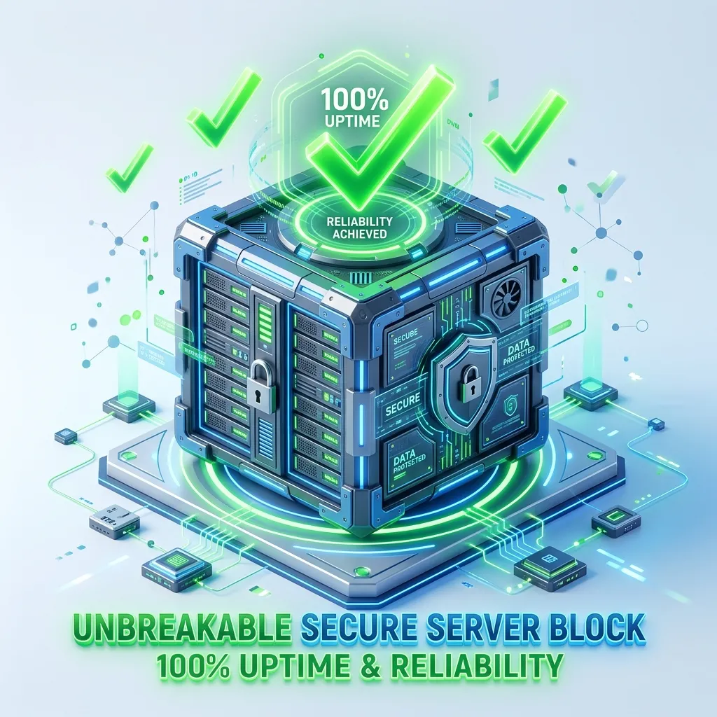 Modern 3D illustration of an unbreakable secure server block with green checkmarks