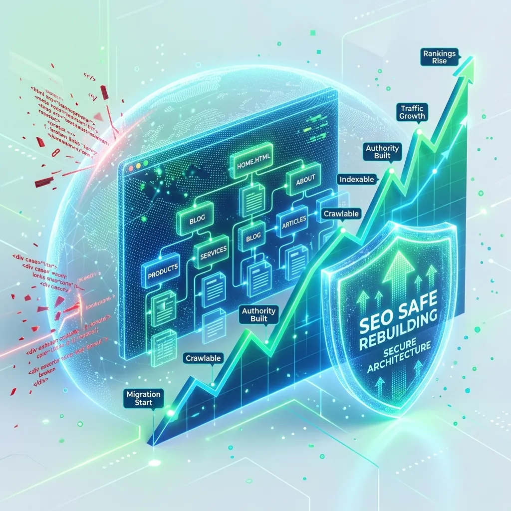Dynamic 3D visual of an upward trending graph representing SEO safe rebuilding