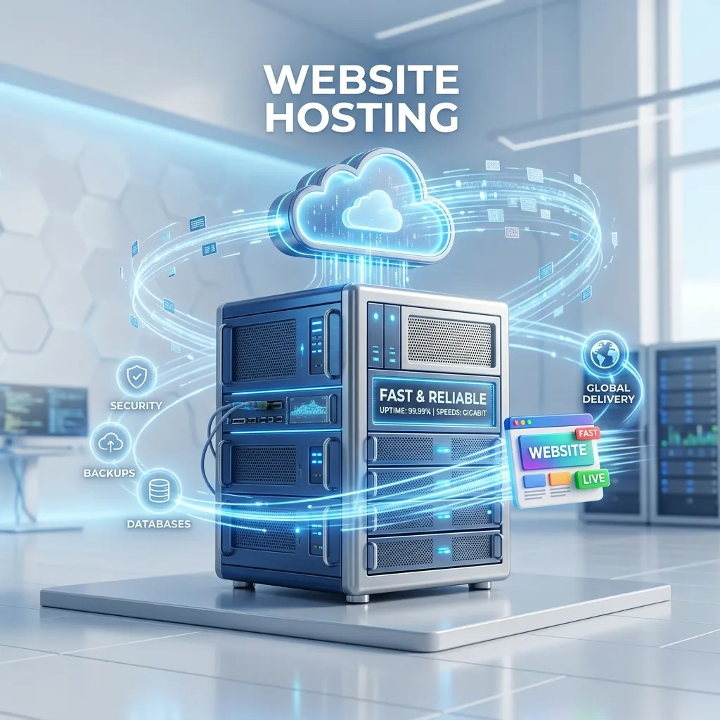 Premium 3D illustration of a sleek modern cloud server representing fast and reliable website hosting