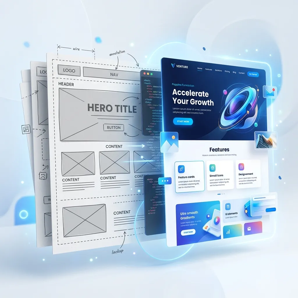 Premium 3D illustration of a website interface transforming from old wireframes to a modern digital UI