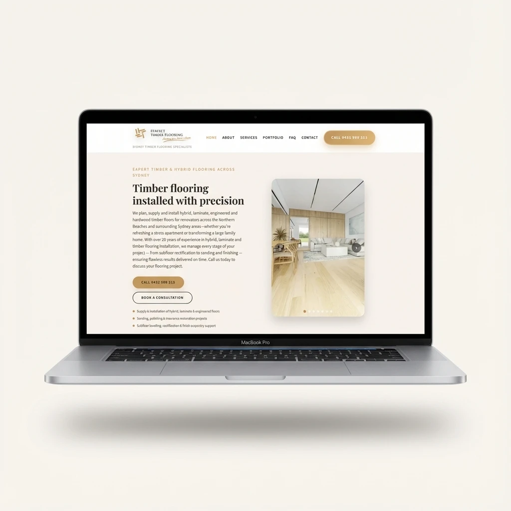 Perfect Timber Flooring Website displayed on Macbook Pro